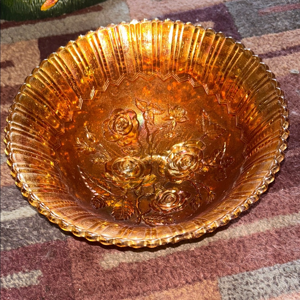 Vintage Amber Glass Bowl with Floral Design